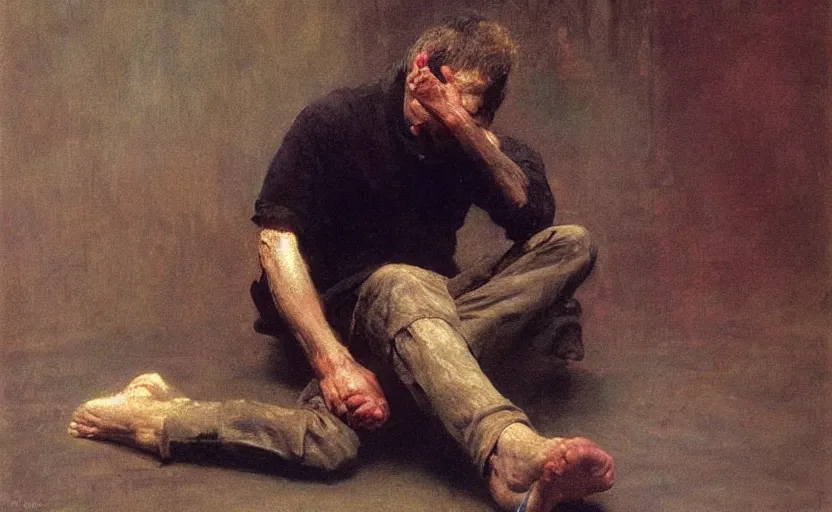 Image similar to high quality high detail painting by ilya repin, desperate man suffering from solitude, hd