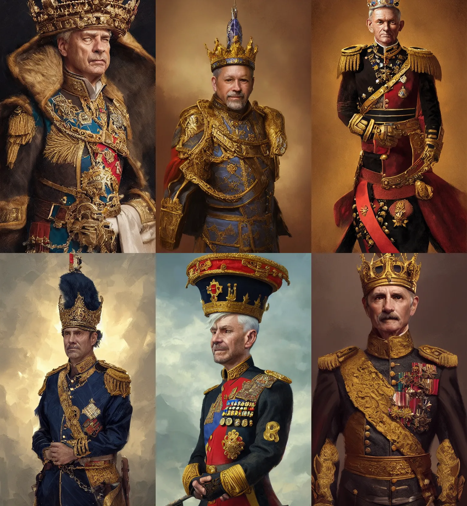 Prompt: Portrait of a middle aged man wearing a ceremonial uniform and a crown, male, detailed face, renaissance, highly detailed, cinematic lighting, digital art painting by greg rutkowski