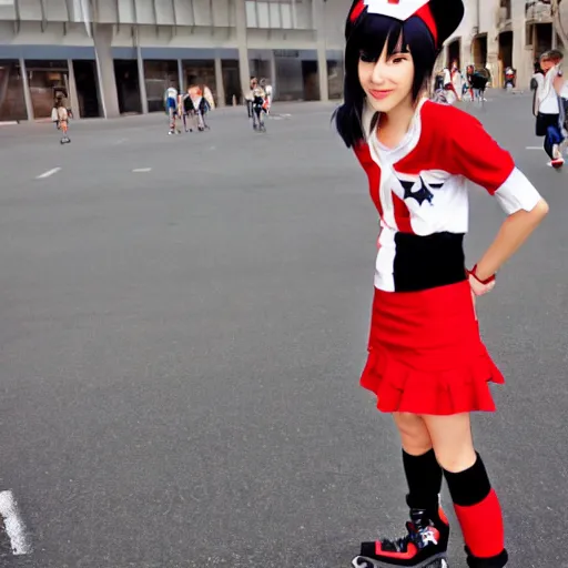 Image similar to 1 5 - year - old french anime girl, black beret with red star, black t - shirt with red star, black shorts, rollerblading, rollerskates, cel - shading, 2 0 0 1 anime, flcl, jet set radio future, golden hour, japanese town, cel - shaded, strong shadows, vivid hues, y 2 k aesthetic