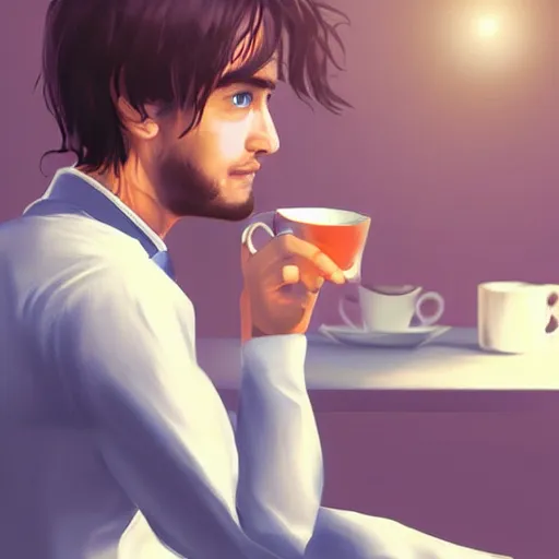 Image similar to startup CEO having a cup of tea. Handsome!!!!!!! sci-fi concept art photorealistic!!!!!