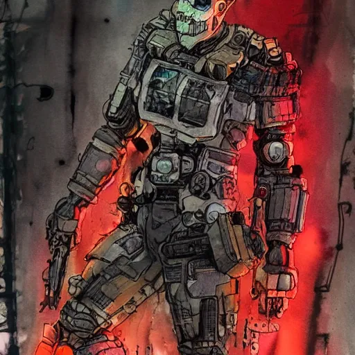 Image similar to a watercolor ink painting of a post - apocalyptic cyberpunk grimdark demon in the style of leonard boyarsky in the style of yoji shinkawa detailed realistic hd 8 k high resolution