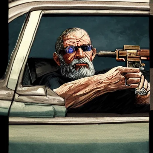 Prompt: highly detailed old man in car holding gun gta v art,, fantasy art by stephen bliss