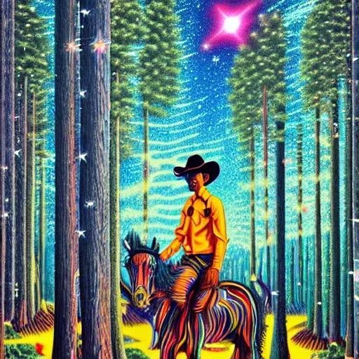 Prompt: psychedelic, trippy, broken cowboy, lush pine forest, milky way, planets, cartoon by rob gonsalves, sharp focus, colorful refracted sparkles and lines, soft light