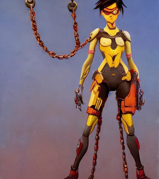 Image similar to full figure, painting of tracer from overwatch, in style of zdzisław beksinski, horror, 4 k, feminine facial features, full armor, full armor, detailed face, tall, dark ropes and chains in background