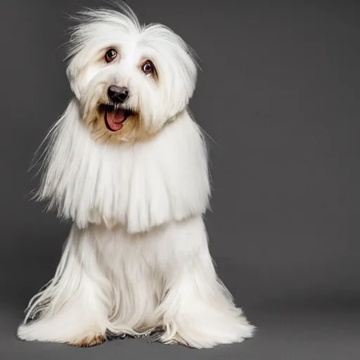 Prompt: a cream - colored havanese dog in a long dress posing for a picture, a poster by mark english, unsplash contest winner, private press, dynamic pose, full body, high resolution