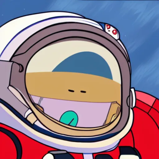 Prompt: 2 d cartoon of a red, short, bean shaped astronaut with a long blue visor