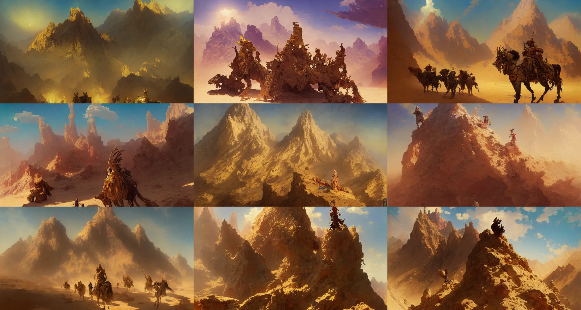 Prompt: golden mountain in the desert, art by joseph leyendecker, peter mohrbacher, ivan aivazovsky, ruan jia, reza afshar, marc simonetti, alphonse mucha