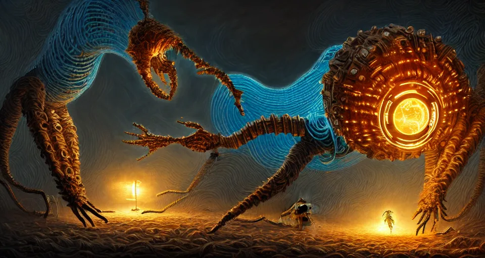 Image similar to hive mind creature made of dust battling a hacker, technology and magic, intricate, highly detailed, digital painting, lightbright, sharp focus,