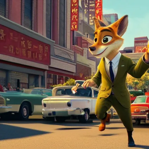Prompt: film still from Zootopia (2016) in the style of Chinatown (1974)