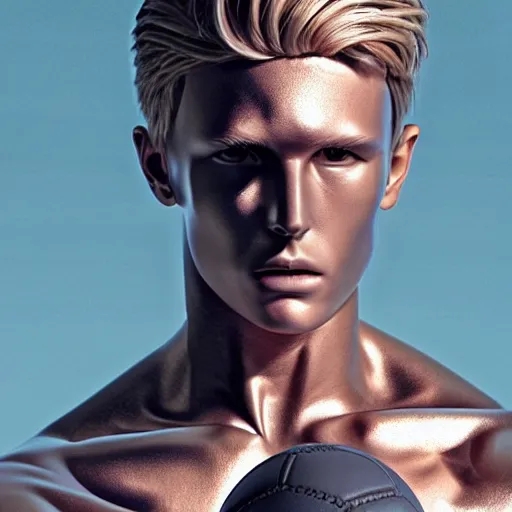 Image similar to a realistic detailed photo of a guy who is an attractive humanoid who is half robot and half humanoid, who is a male android, soccer player martin ødegaard, shiny skin, posing like a statue, blank stare, in a living room, on display, showing off his muscles, gold soccer shorts