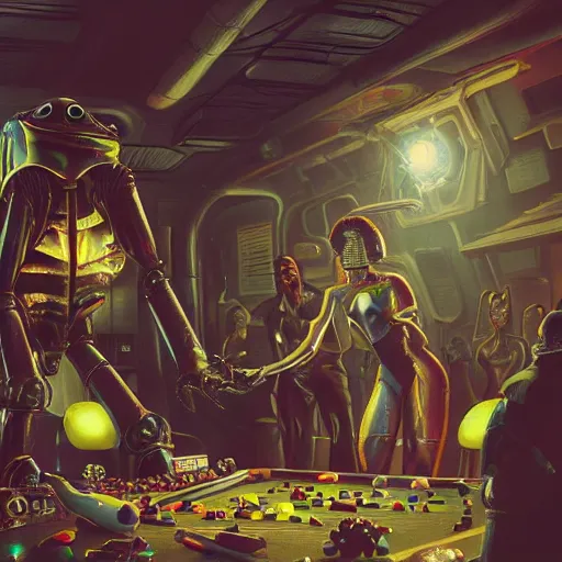 Image similar to attractive alien fan dancer on tabletop, inside used future tavern, pool table, jim henson creature shop, robots humans and extraterrestrials, inside a crowded space station, 1 9 8 0 s science fiction, 1 9 7 0 s science fiction, alien 1 9 7 9, cyberpunk, 3 d oil painting, depth perception, 4 k, artstation