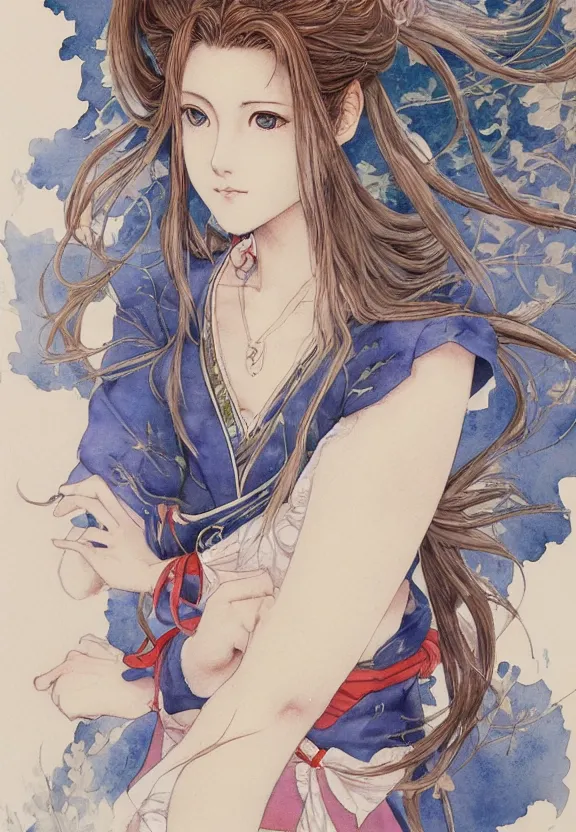 Image similar to a full-body watercolor painting of Aerith Gainsborough by Yoshitaka Amano, ukiyo-e, nouveau, concept art, 80's fantasy art, highly detailed, intricate, trending on artstation, award-winning