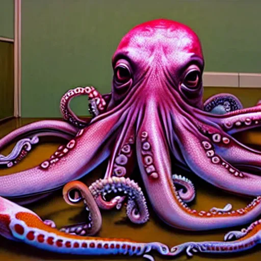 Prompt: hyperrealism photography in araki nobuyoshi dramatic scene from movie the big lebowski style computer simulation visualisation of detailed octopus riding eating human octopus in the detailed ukrainian village