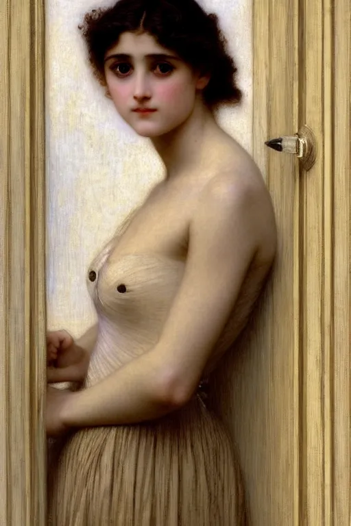 Prompt: girl in thought by auguste toulmouche and bouguereau, clear face, perfect detailed eyes, fireplace lighting, beautiful hands, pale skin, blonde hair, leaning on door
