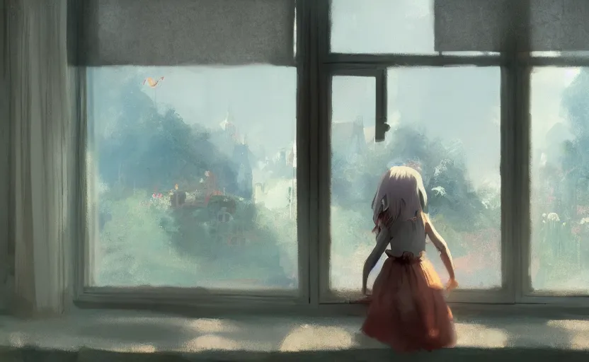 Image similar to a girl in a skirt looks out the window at megopolis, painting by Craig Mullins, octane rendering, soft morning lighting, wide angle lens, in the style of Hayao Miyazaki, trending on artstation,