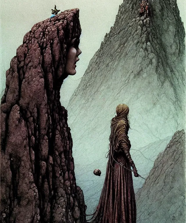 Prompt: A detailed semifish-semiwoman stands among the mountains with a pebble in hand. Wearing a ripped mantle, robe. Extremely high details, realistic, fantasy art, solo, masterpiece, art by Zdzisław Beksiński, Arthur Rackham, Dariusz Zawadzki