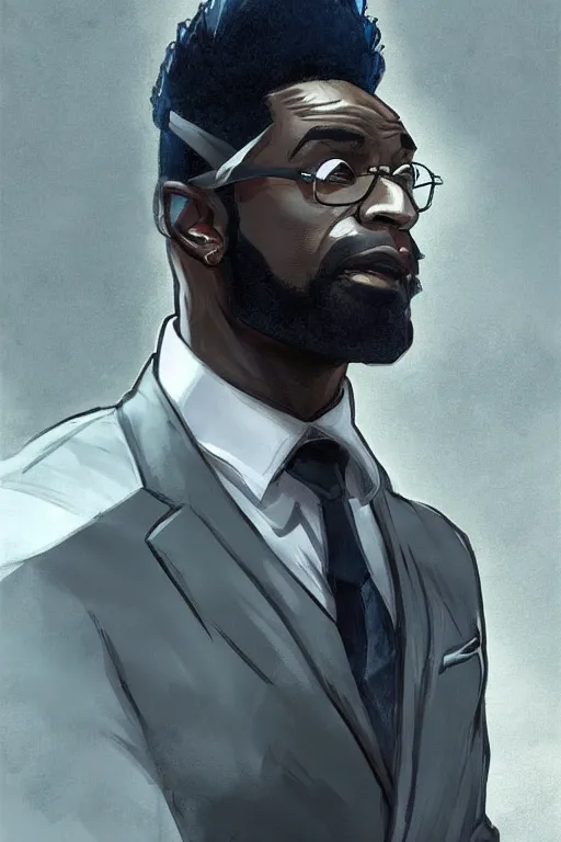 Image similar to detailed digital painting of handsome black man in corporate attire with short natural mohawk, fanart behance trending on artstation, concept art, matte, sharp focus, illustration, super hero pose, hearthstone, art by artgerm and greg rutkowski and alphonse mucha