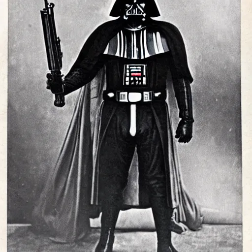 Image similar to old wartime photograph of darth vader holding a lewis gun, 1 9 1 7