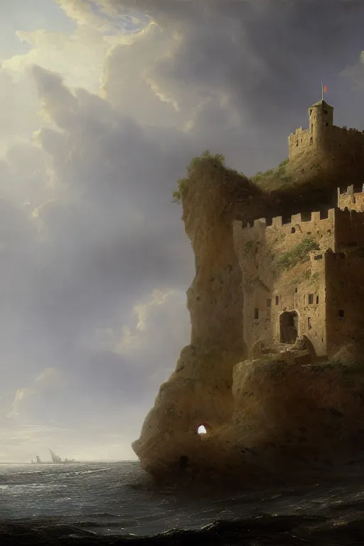 Image similar to an old castle on a seaside cliff by andreas achenbach and peder balke and martin johnson heade sharp digital painting. dreaming latent space. matte painting, concept art. artstation. digital render. hdr, high dynamic range, global illumination, realistic, 8 k, white balanced