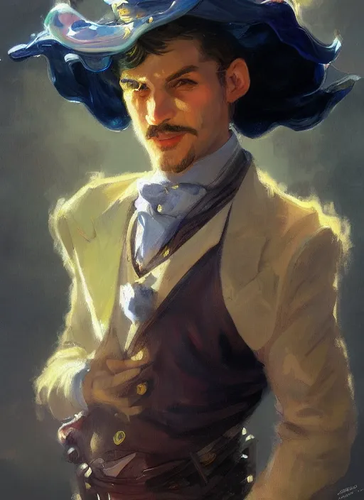 Prompt: fantasy art smug smile man, fancy flashy hat, colorful rich fantasy clothing, sharp fashion, slick hair, oil painting, hd, character portrait, artstation, n. c. wyeth, sargent, greg rutkowski, no beard, hq, more detailed hat,