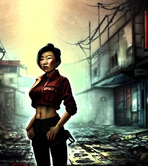 Image similar to fallout 5, charismatic beautiful rugged asian female protagonist, portrait, outdoors in a dilapidated tokyo back alley, atmospheric lighting, painted, intricate, volumetric lighting, daytime, autumn, fog, sharp focus, ultra detailed, art by william turner