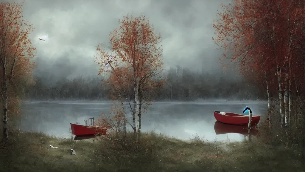 Prompt: small red wooden cottage by the lake, smoke coming out of the chimney, dusk, birch trees, tranquility, two swans swimming on the lake, two swans on the lake, a wooden rowing boat, cumulus clouds, by Charlie Bowater, by Greg Rutkowski