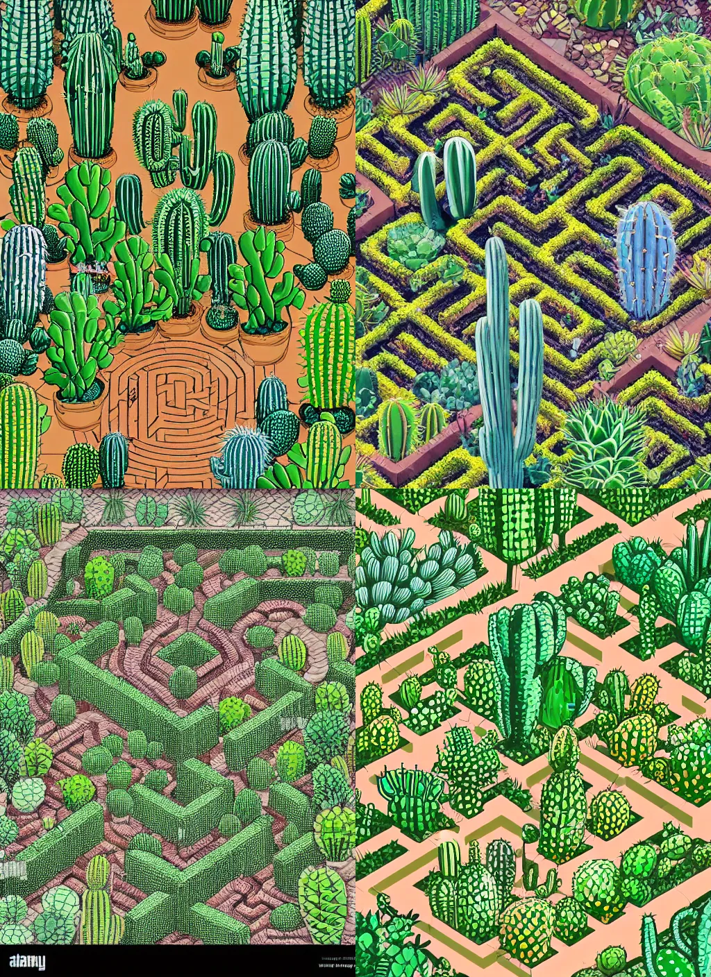 Prompt: An axonometric or isometric view Illustration of an intricate labyrinth garden with cacti. Contrast. High quality.