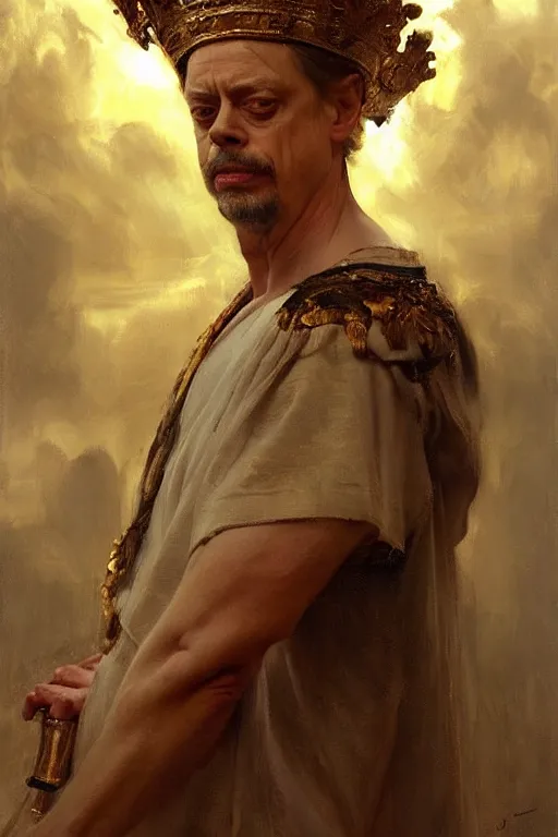 Image similar to beautiful expressive oil painting portrait of ancient roman god emperor steve buscemi ascending wearing the civic crown, art by anders zorn, wonderful masterpiece by greg rutkowski, beautiful cinematic light, american romanticism by greg manchess, jessica rossier