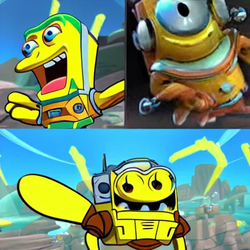 Image similar to ratchet and clank in 3d style meeting spongebob in 2d style