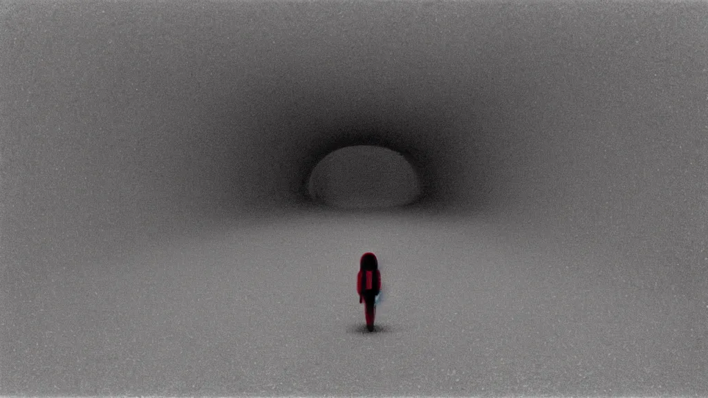 Image similar to a warped tunnel of irregular red and black checkerboard pattern drowns out a desperate voice of a lone astronaut, 4k film still of a movie directed by Zdzisław Beksiński