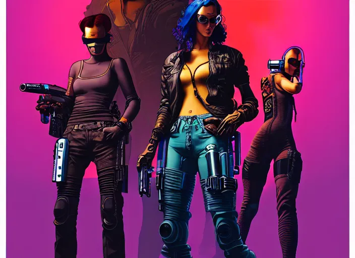 Image similar to cyberpunk gun slingers. portrait by stonehouse and mœbius and will eisner and gil elvgren and pixar. character design. realistic proportions. cyberpunk 2 0 7 7 character art, blade runner 2 0 4 9 concept art. cel shading. attractive face. thick lines. the team. diverse characters. artstationhq.