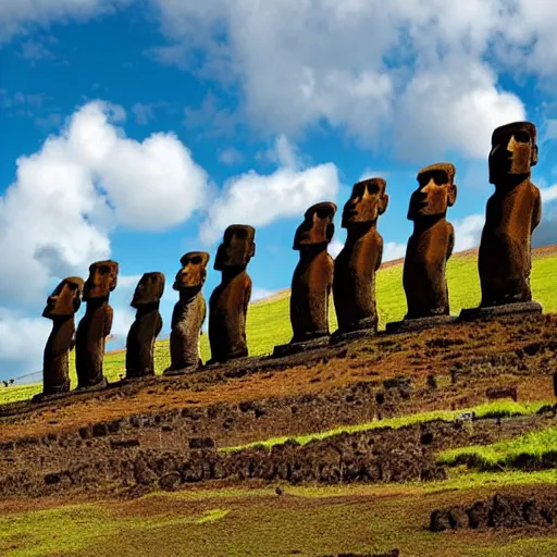 Image similar to 4 k colorful photograph of easter island statues overlooking a prison