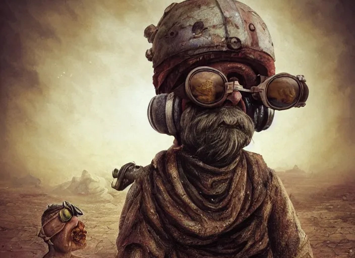 Image similar to a highly detailed forgotten garden gnome wearing goggles and head scarf surviving in a vast barren desert, hopeless wasteland background with a relentless raging sun overhead, hot, post - apocalyptic road warrior vibe, an ultrafine detailed painting by by karol bak and filip hodas, trending on deviantart, pop surrealism, whimsical, lowbrow, perfect symmetrical face, sharp focus, octane, masterpiece