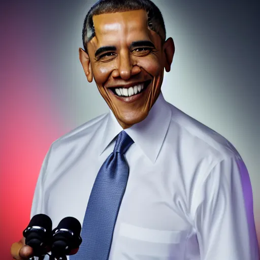 Image similar to Smiling Obama with white glowing flashlight eyes, white clean fire behind Obama, 40nm lens, shallow depth of field, split lighting, 4k, 40nm lens, shallow depth of field, split lighting, 4k,