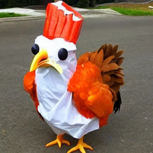 Image similar to chicken dressed as an inmate