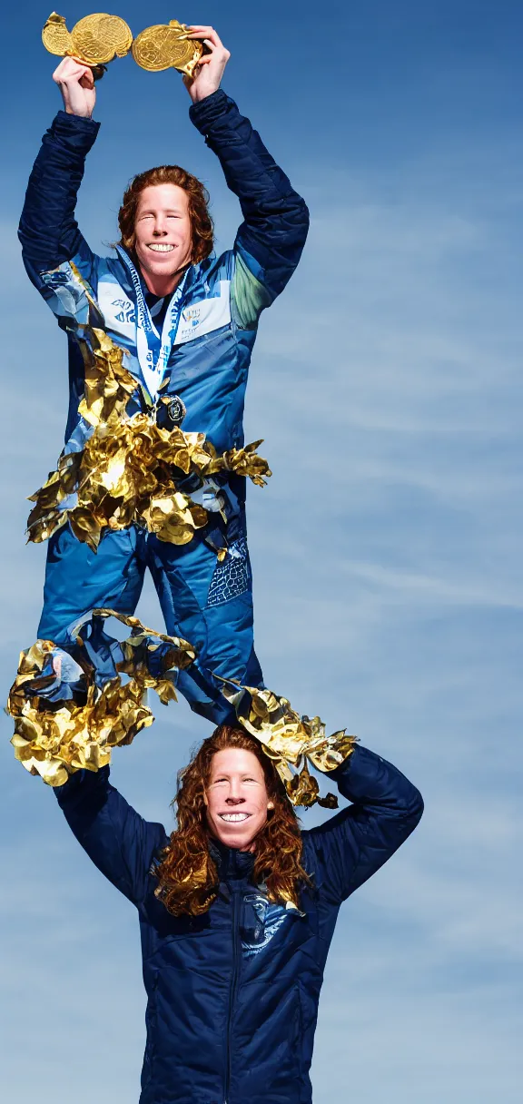 Image similar to high quality portrait of shaun white holding a gold medal with blue sky above him, rule of thirds, upper body shot, sharp focus, extremely detailed, studio photography