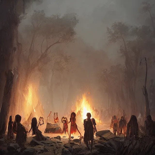 Image similar to a painting of a stone age funeral by greg rutkowski, dark fantasy art, high detail, trending on artstation