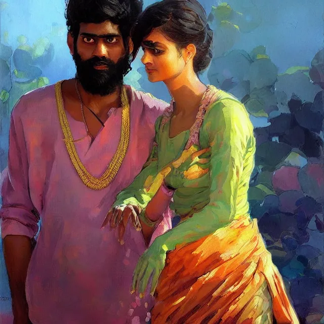 Image similar to paiting of a tamil man and alien love story, portrait, elegant, intricate, digital painting, artstation, concept art, smooth, sharp focus, illustration, art by konstantin korovin and daniel f. gerhartz and john howe