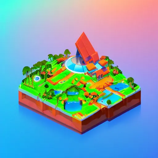 Image similar to isometric bowl island on neon background, isometric invironment, 3d art, isometric art, amazing detail, artstation, concept art, behance, ray tracing