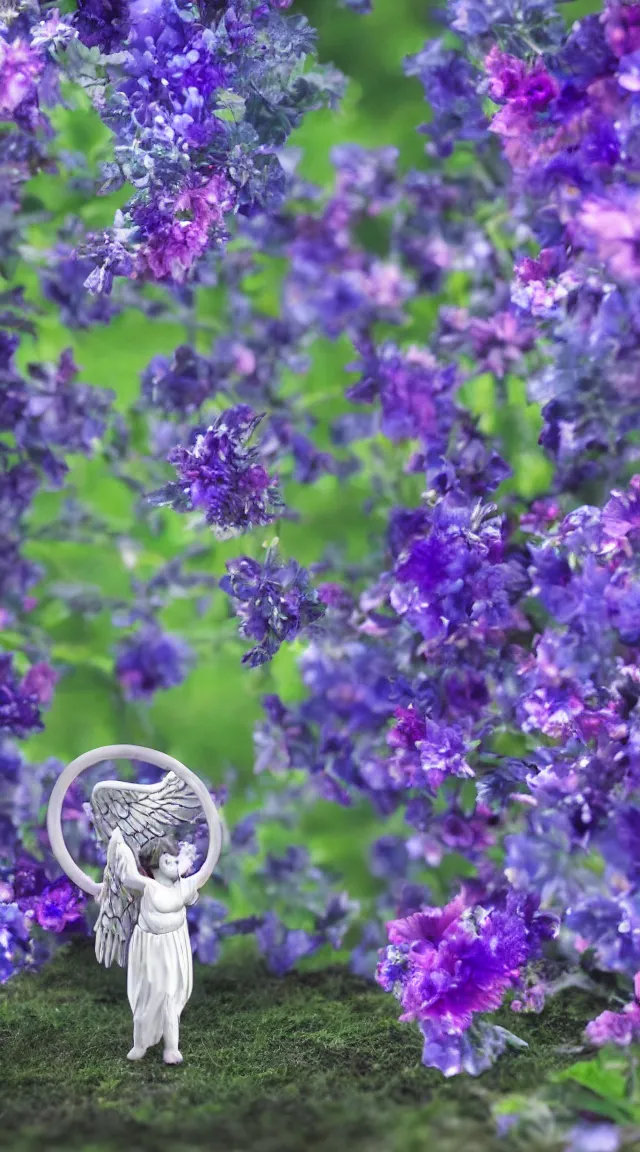 Prompt: tiny biblical angel in a garden, hyper detailed, sharp focus, bokeh, unreal engine, ray tracing, cute, fantasy, sci fi, purple flowers, blue flowers, violet flowers, glowing flowers, tiny, small, hyper realistic, sky, spinning rings with eyes, many eyes, rings of fire, biblical