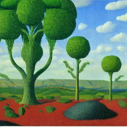 Image similar to painting of a lush natural scene on an alien planet by rene magritte. beautiful landscape. weird vegetation. cliffs and water.