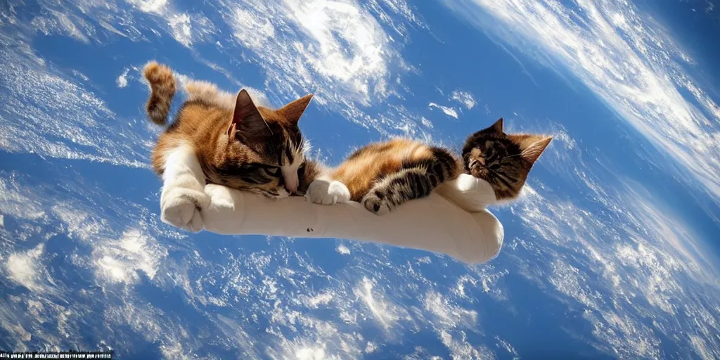 Image similar to an amazing award winning photo of a cat floating in the ISS, hyperdetailed