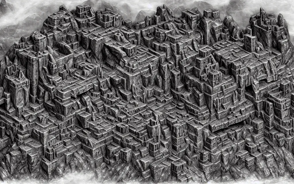 Prompt: aerial view of a dwarven fortress that was chiseled out of a mountain, matte oil painting, covered in runes, dark, epic, medieval fantasy landscape, deep halls, braziers, waterwheels, ornate jewels, trading depots, extremely detailed, sharp focus