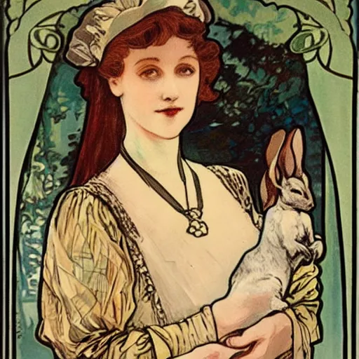 Prompt: an Edwardian woman holding a rabbit, in the style of Mucha