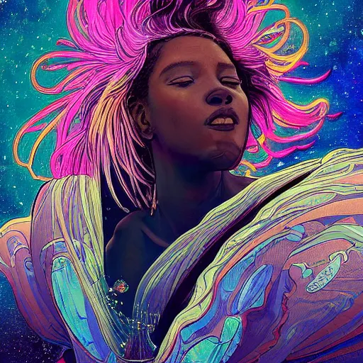 Image similar to highly detailed digital painting of a black female celestial being experiencing nirvana in space, colorful nebulas and planets in the background, highly detailed, intricate design, cinematic view, 8k resolution, artstation, by Akihiko Yoshida, Alphonse Mucha, and Moebius