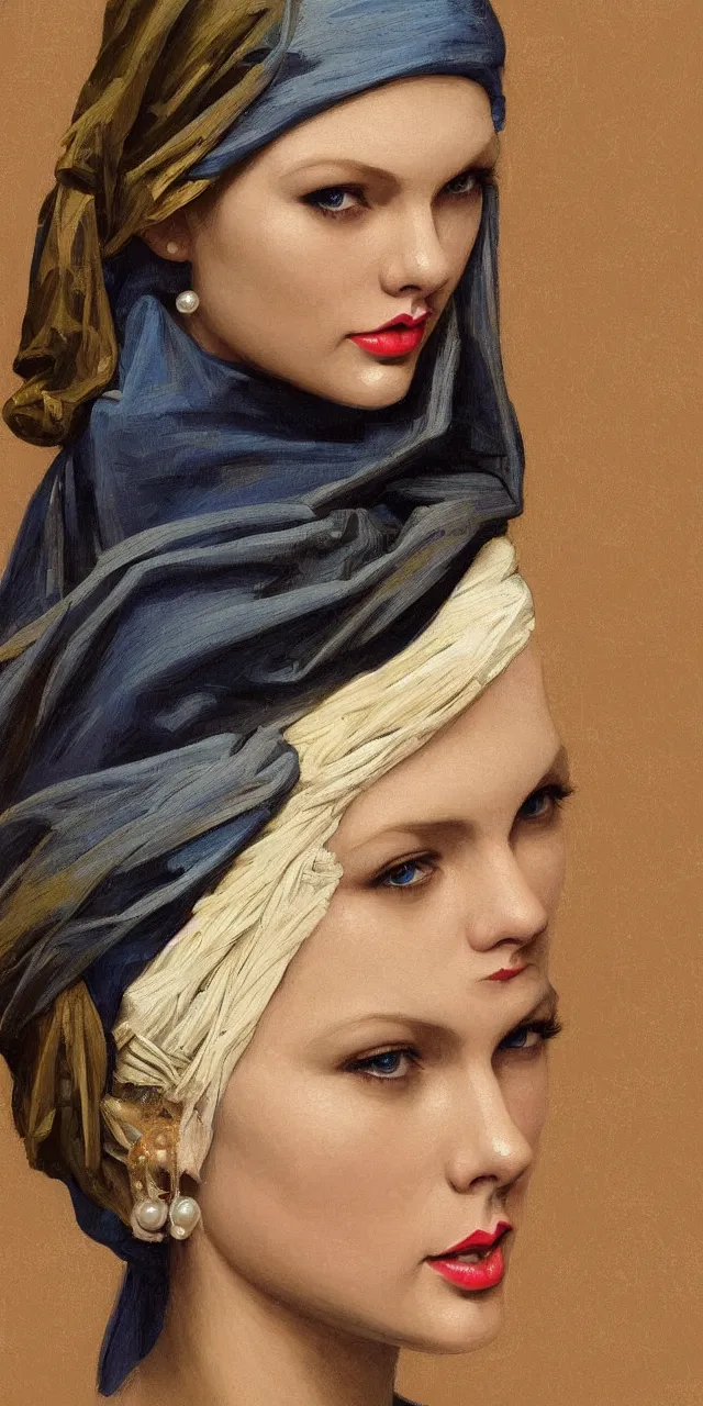 Image similar to Taylor Swift as the girl with the pearl earring, highly detailed, digital painting, artstation, concept art, smooth, sharp focus, illustration, ArtStation, art by artgerm and greg rutkowski and alphonse mucha and J. C. Leyendecker and Edmund Blair Leighton and Katsuhiro Otomo and Geof Darrow and Phil hale and Ashley wood and Ilya repin and Charlie Bowater