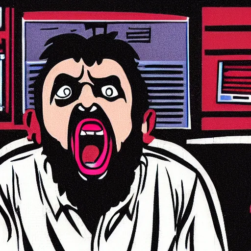 Image similar to an angry man yells at his computer monitor, in the style of the scream