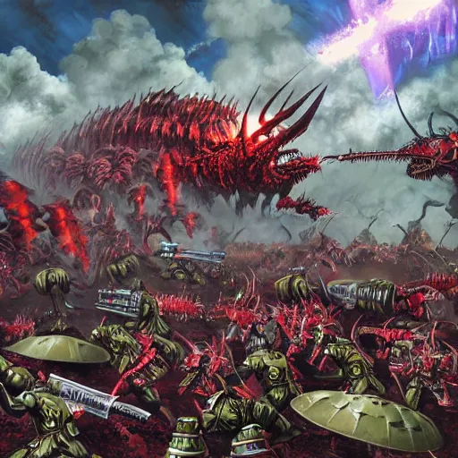 Image similar to Battle of the Imperial Guard on the planet against the Tyranids, Warhammer 40,000, Artist - Phil Moss