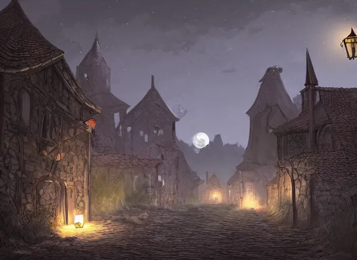Image similar to medieval vampire village, moon light, gas lighting, stone roads, digital art, unreal engine