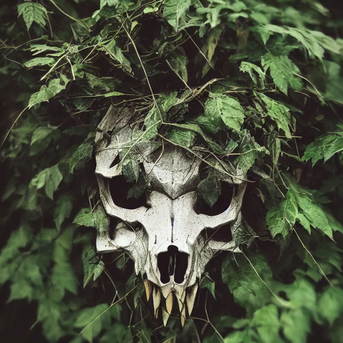 Image similar to overgrown foliage taking over a realistic wolf skull, close - up, 3 5 mm, f 1. 8, bokeh, beautiful, lens flare, emotional, sweet, flowers, detailed, picture, artstation, award - winning